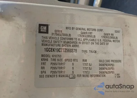 2007 Chevrolet Silverado 1500 Lt1 z USA, uszkodzony, nr VIN 1GCEK19C77Z560378